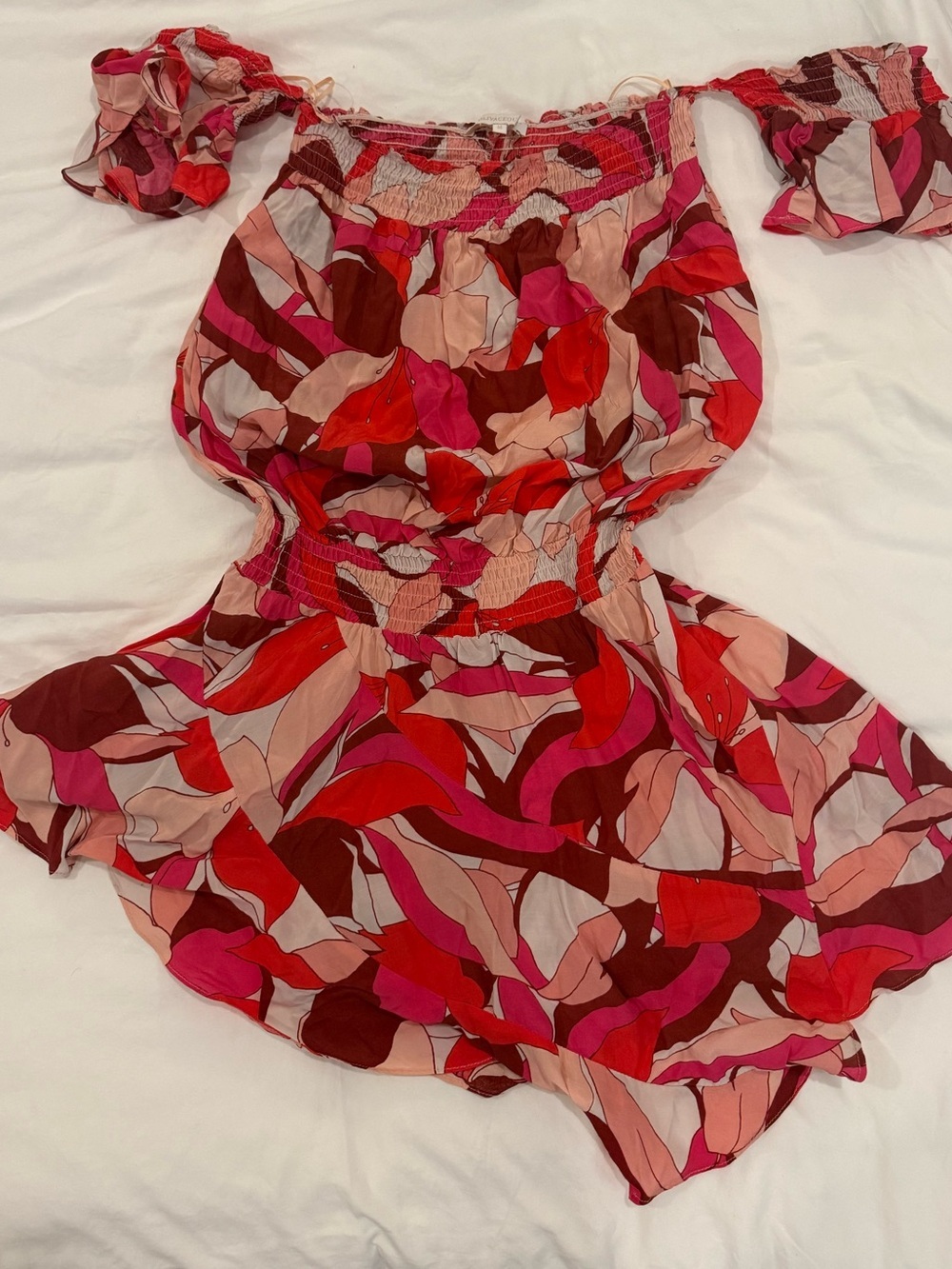 Oliviaceous Off-Shoulder Asymmetrical Dress in Red + Pink Abstract Floral Print